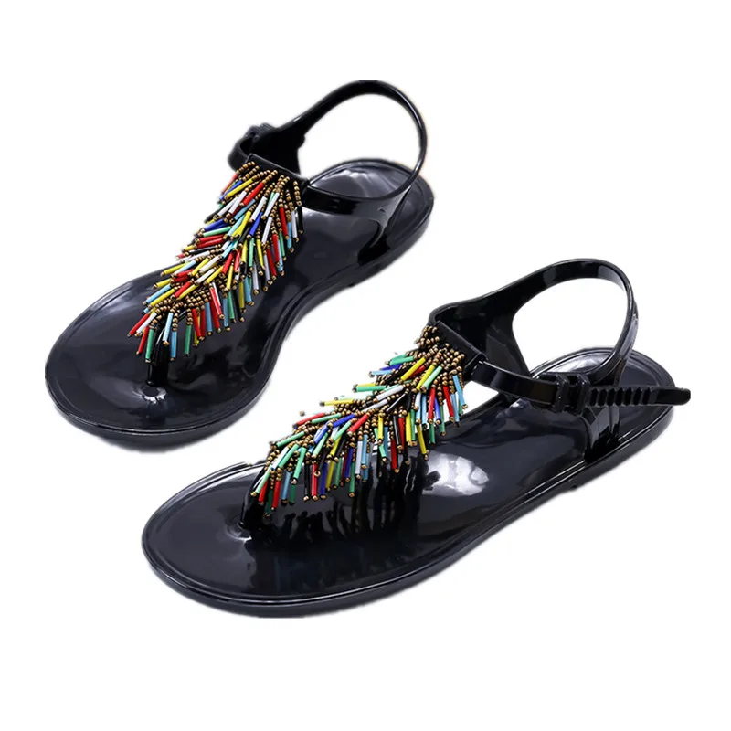 

Women Shoes Sandals Tassled Beaded T-Type Belt Flip-Flop Solid Color Comfortable Casual Soft Big Toe Foot Orthopedic