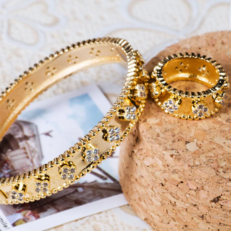 gold white Zlxgirl, роскошный бренд, простой AAA кубический циркон, браслет и кольцо, ювелирный набор, свадебный браслет, Пара подарков, Сумка - Окраска металла: gold white