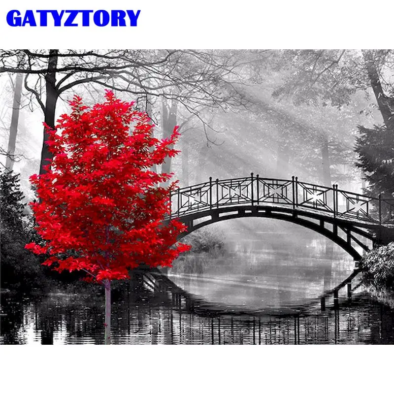 

GATYZTORY Рамка Diy Набор для рисования по номерам красное дерево Пейзаж картинку живопись реки и мост расписанную домашние декорации