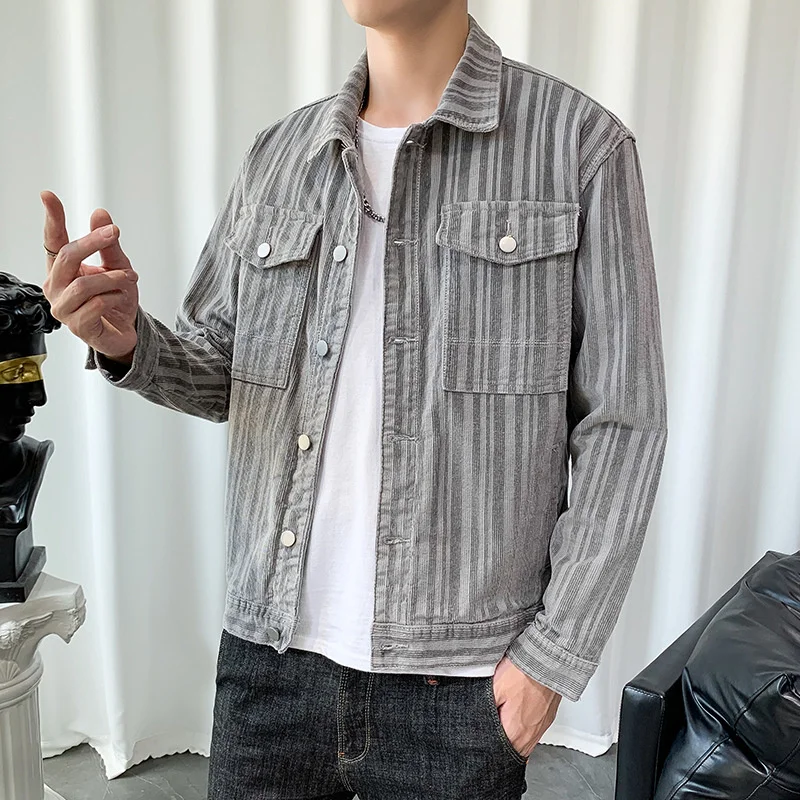 

2021 spring and autumn new corduroy jacket men's stripe tooling trend Korean handsome corduroy denim jacket men