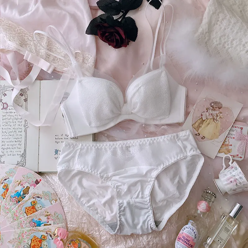 

Janpanese Lolita Girl Underwear Sweet Chiffon Wangwang Snow Cake Bow Bra & Brief Sets Low Waist Briefs Sexy Women Lace Panties