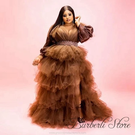 

Brown Fluffy Tiered Tulle Evening Dress Plus Size robe de soiree longue Ruffles High Slit Formal Party Dresses Prom Gown Vestido