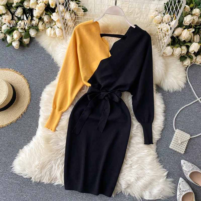 

Elegant Sashes V Neck Knit Dress Women 2021 Sexy Backless Autumn Long Sleeve Sweater Dress Ladies Bodycon Short Dress D36