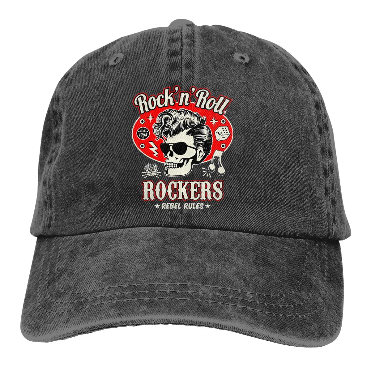 

Washed Men's Baseball Cap Skull Dice Rockers Trucker Snapback Caps Dad Hat Rockabilly Rock and Roll Golf Hats