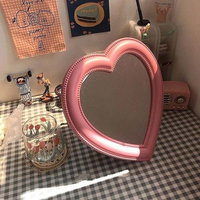 

Korean Style Girl Heart Pink Love Makeup Mirror Desktop Wall-mounted Dual-purpose Bedroom Decorative Mirror Photo Background