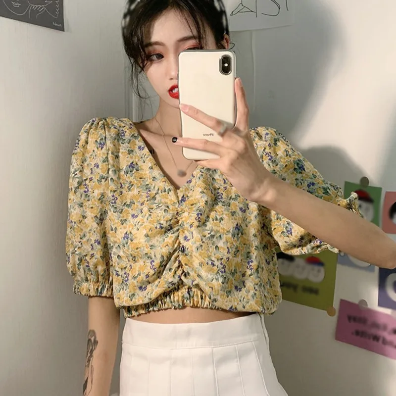 Женская рубашка с цветочным принтом v образным вырезом пляжный стиль короткий