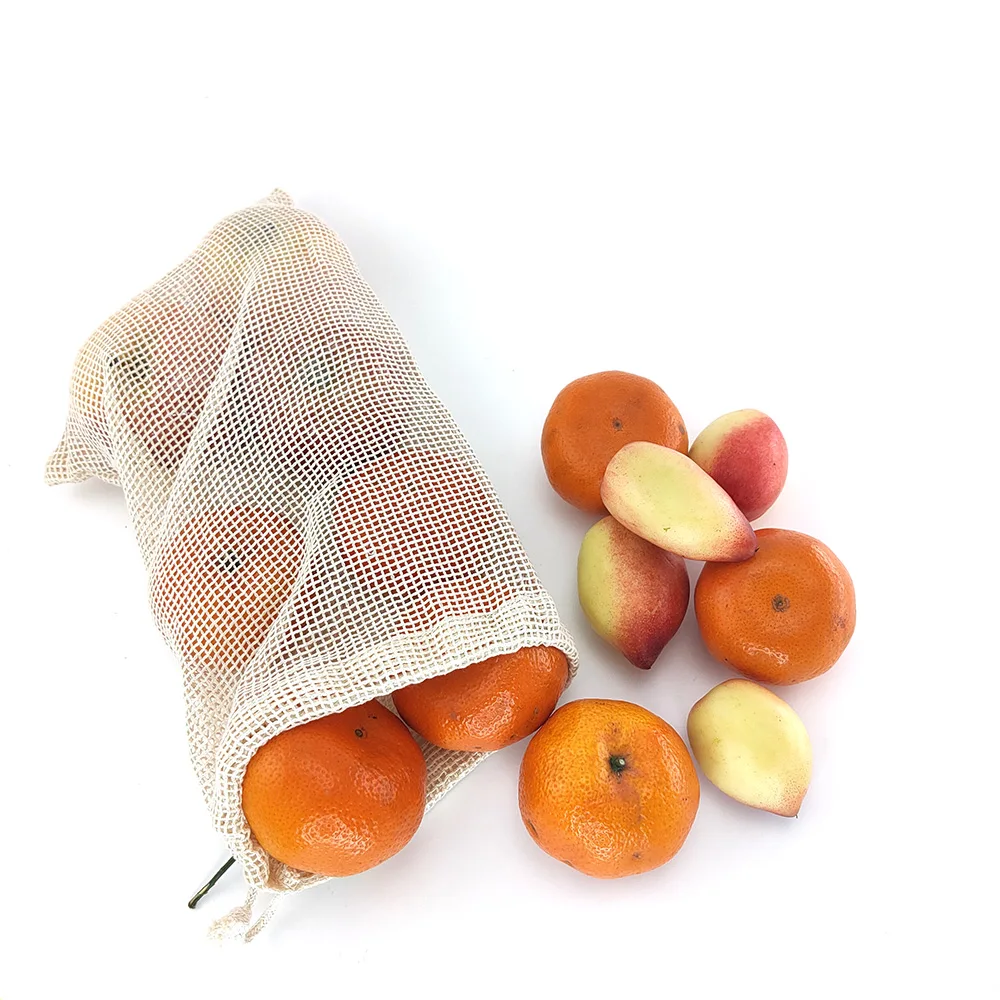 

Reusable Sorage Mesh Net Bag Grocery Shopping Bag with Drawstring Fruit Vegetable Totes Handbag Cotton Shopper Bags in 4pcs