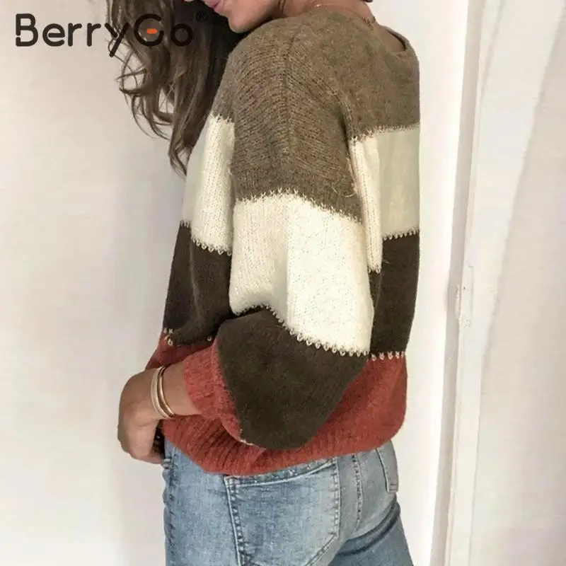 BerryGo Fashion color block pullovers women Autumn winter loose female jumpers sweater Casual ladies knitted tops | Женская одежда