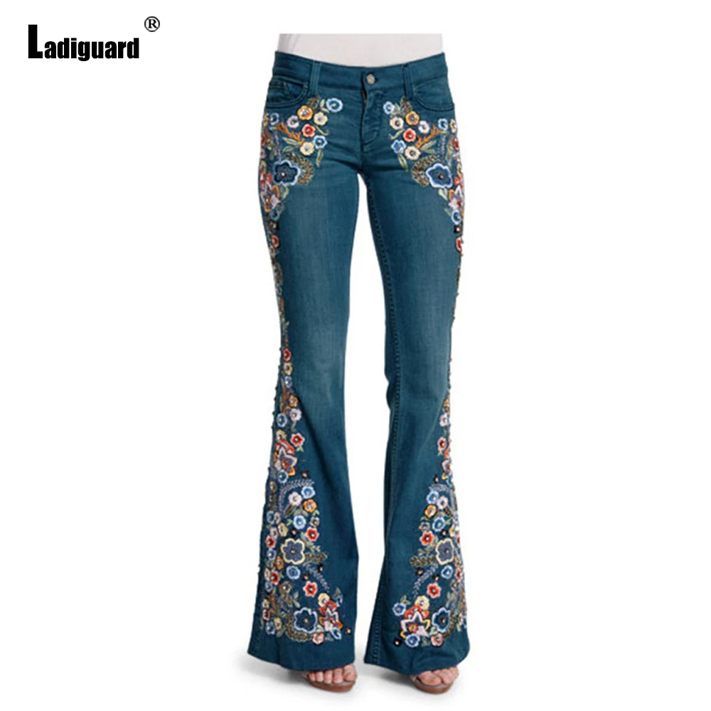 Sexy Vintage Jeans Women Fashion Skinny Boot Cut Denim Pants Girls Streeetwear Embroidery Flower Denim pants Vaqueros Mujer 2021
