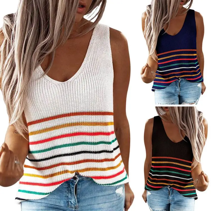 

2021 Summer Women New Sweater Knitting Vest T-shirt Multicolor Striped V-collar Set Head Female Shirt Top
