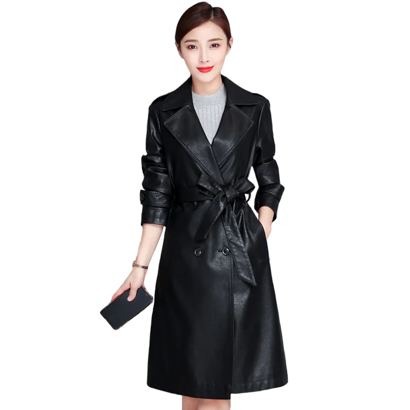 Женская осенне зимняя Длинная кожаная куртка Женское пальто из искусственной
