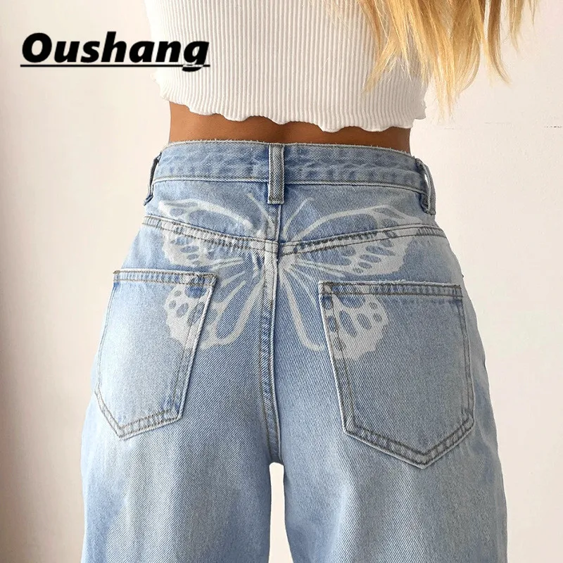 

Oushang Butterfly Print Jeans Y2K Pants Streetwear Women Baggy Harajuku Straight Leg Casual High Waist Denim Cotton Trouser