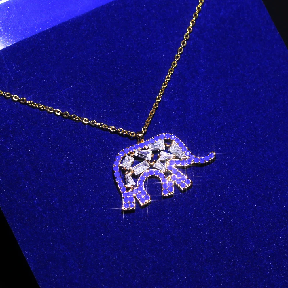 Женское ожерелье парное золотая цепочка с вставкой синий кубический цирконий в форме слона Сюрприз на День рождения для подруги.