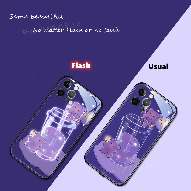3D Purple Bear Bubble Boba Tea Case For iPhone 12 Mini 11 Pro XS Max XR 7 8 Plus Call LED Glow Soft TPU Back Cover