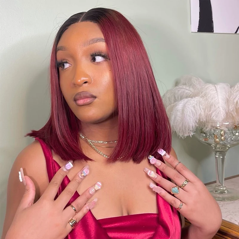 

Прямой бордовый короткий парик Боб Омбре винно-красный цветные человеческие волосы парики для женщин 1B 99J парик с кружевной частью предвари...