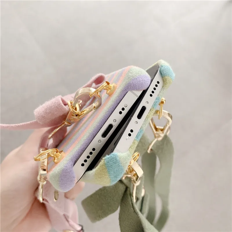 

Luxury Crossbody Necklace Chain Stripe Plush Case For Huawei P30 P40 Mate 30 Nova 7 Pro Winter Warm Cover With Lanyard