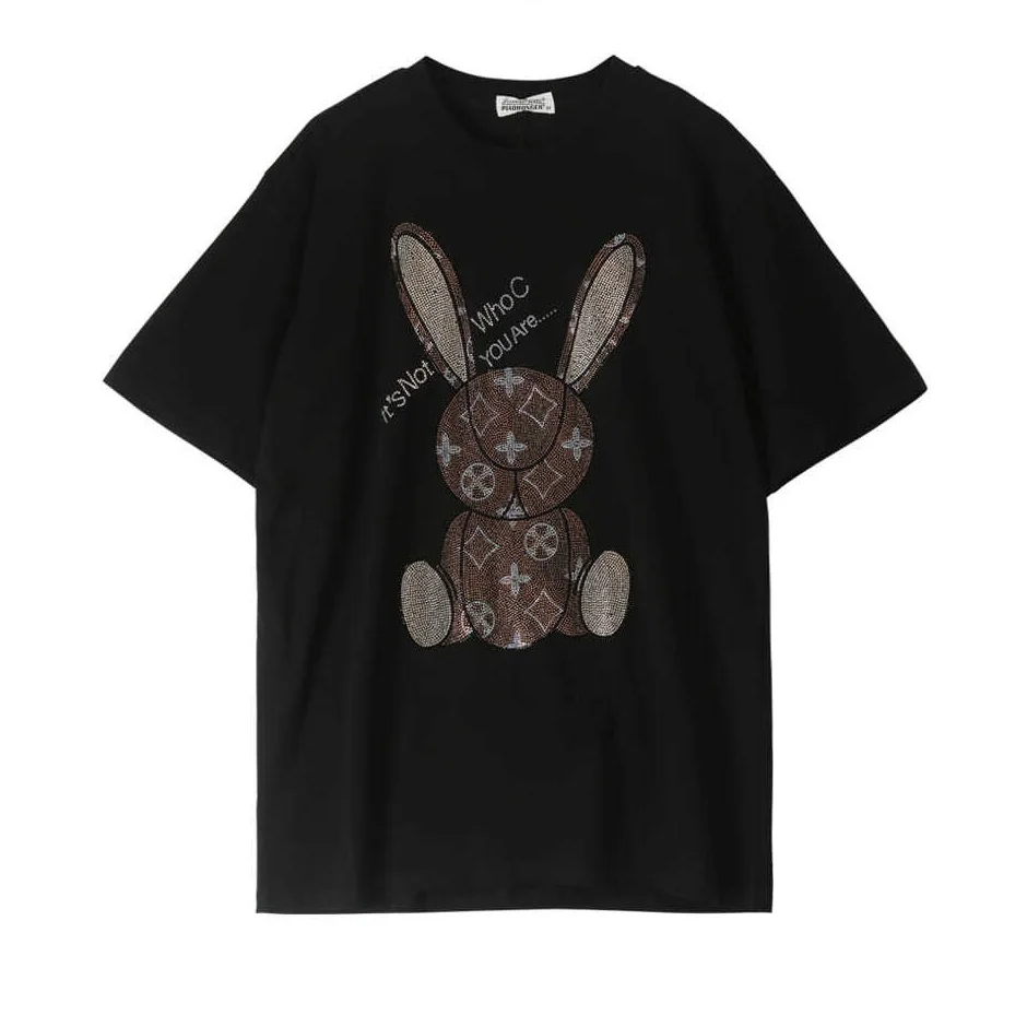 

Casual T-shirt Women 2021 Summer Short Sleeve Tops Lady Fashion Street Wear Slim Cotton T shirts Rhinestone Plus Size