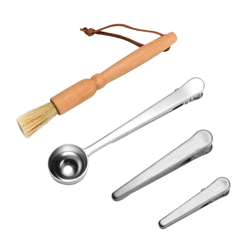 

4Pcs Coffee Tool Set Cleaning Brush Stainless Steel Grinder Spoon Clips with Storage Bag for Home Kitchen