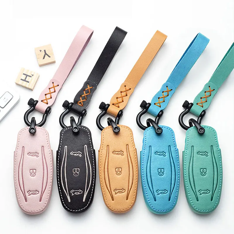 

Car Leather Key Case Bag Protector Keychain Cover Shell Interior Decoration For Tesla Model X S Auto Modification Accessories