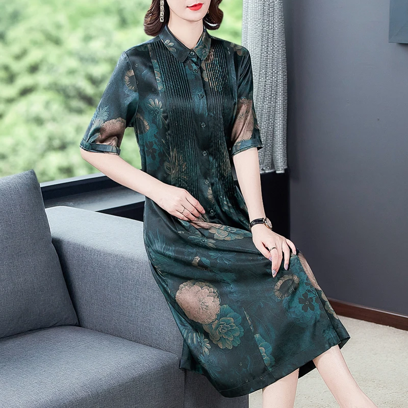 

Korean Silk Women Dress Women Satin Short Sleeve Dresses Woman High Wasit Dress Woman Silk Polo Neck Floral Dresses Plus Size OL