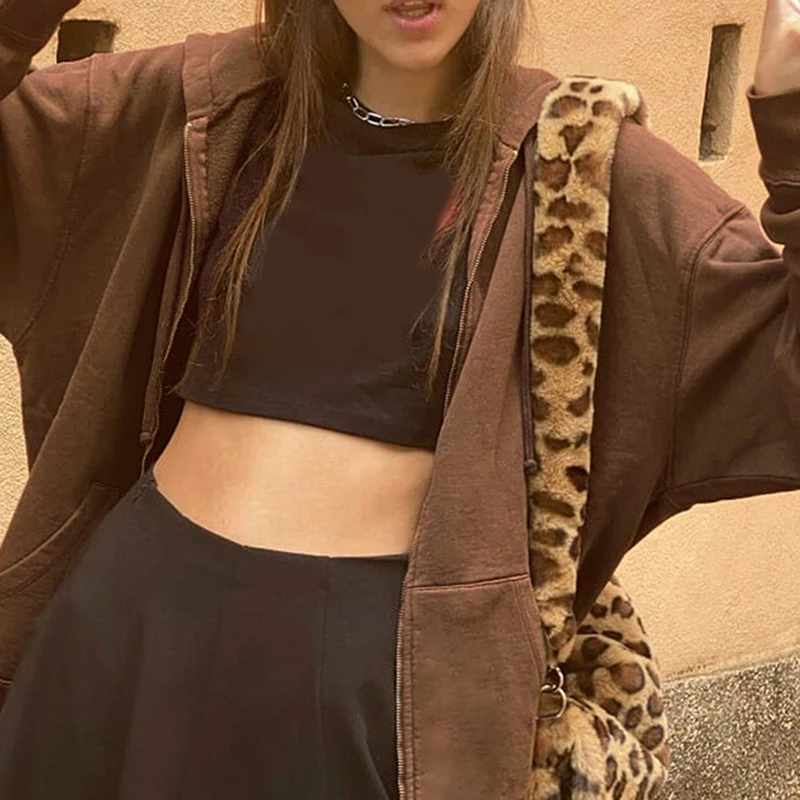 Женская винтажная толстовка на молнии коричневая Толстовка в стиле оверсайз с