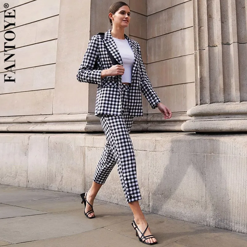 Fantoye Casual Plaid Women Suits With Pants 2 Piece Set Blazer Jacket Coats 2019 Autumn Pant Two Jumpsuits | Женская одежда