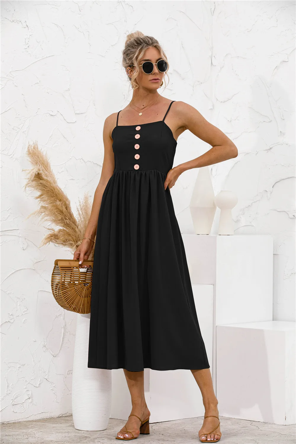 

2021 summer new sexy sling button solid color dress