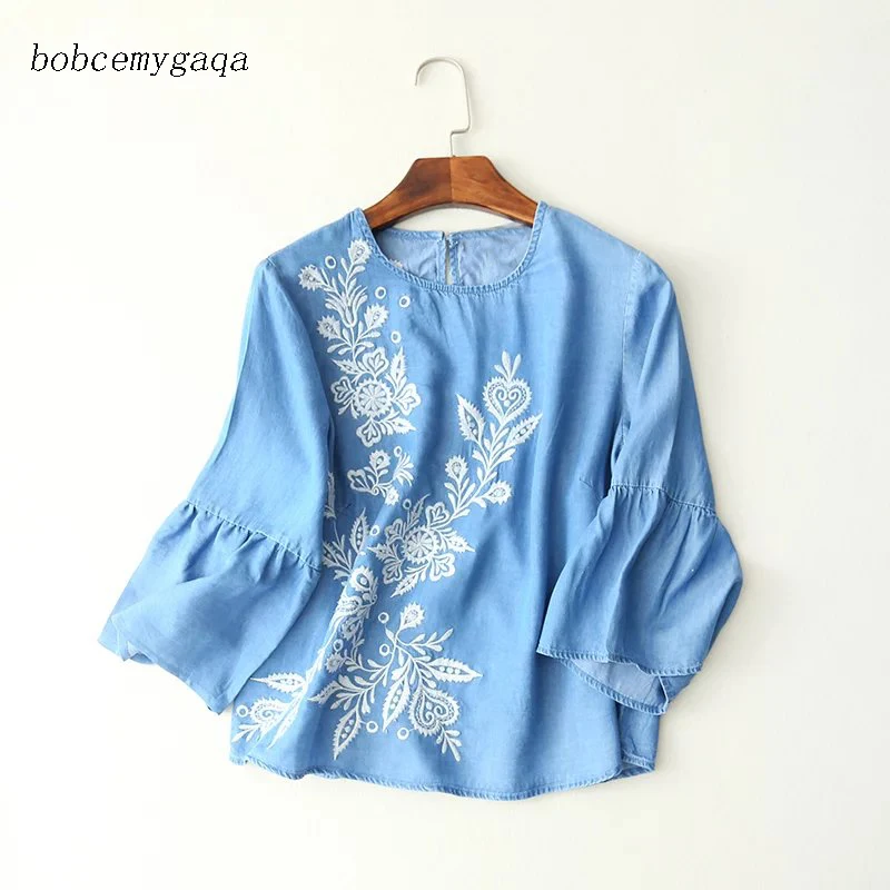 

floral embroidery denim blouse women summer autumn casual o neck soft light blue denim blouse tops and blouses blusas mujer