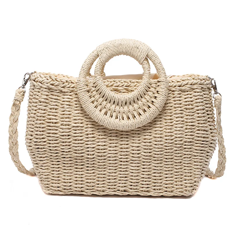 

Women's Handmade Round handle Straw Bag Shoulder Bag Large Capacity Summer Seaside Holiday Beach Bag Casual Tote