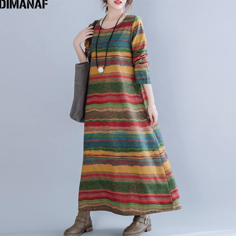 DIMANAF женское платье размера плюс Осень зима винтажное Vestidos Радужное в полоску