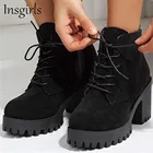 Женские замшевые ботильоны, осенне-зимние полусапожки с низким верхом и круглым носком, Дамская обувь на высоком каблуке со шнуровкой, Классические офисные вечерние британские туфли, 2021