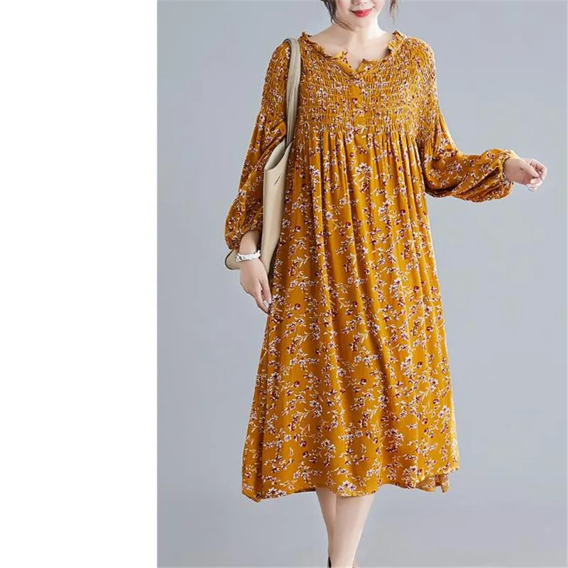 Женское плиссированное платье с длинным рукавом свободное цветочным принтом в