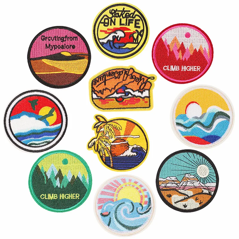 

Computer Embroidery Patch Patch Patch Hole Cloth Sticker Sunset Badge Embroidery Cloth Sticker Wave Clothing Decoration diy