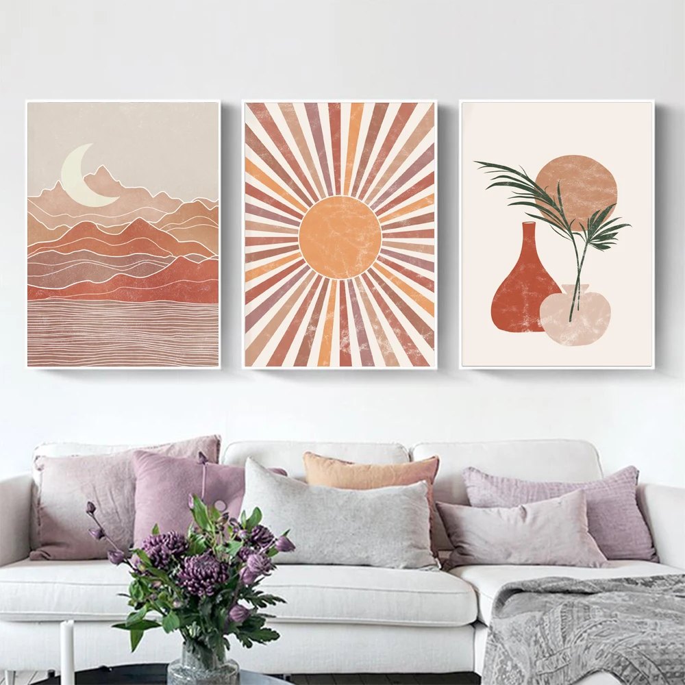 

Mid Century Art Poster Sun and moon Canvas Painting Modern abstract plant Art Print Gallery Wall Picture For Bedroom Home Decor