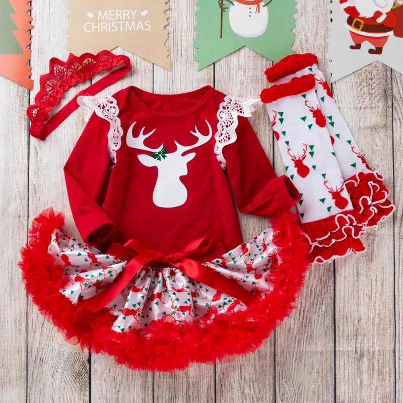 

Рождественская Одежда для новорожденных девочек, комплект из 4 предметов, женский комбинезон с рукавами и крыльями, юбка-пачка с бантом, дет...