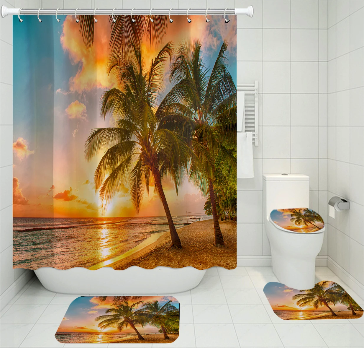 

3/4 Pieces Sunset Sunrise Scenery Shower Curtains Sets Carpet Cover Toilet Cover Bath Mat Pad Set Bathroom Curtain with 12 Hooks