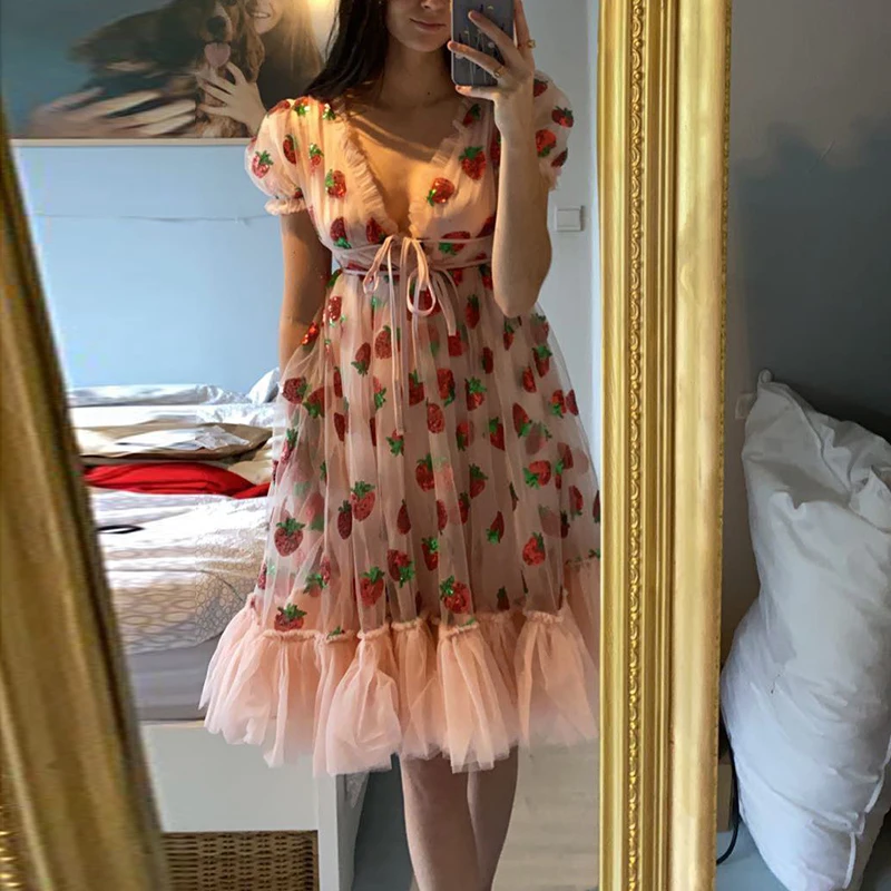 

Women Summer Strawberry Dress Sequin Embroidery Mesh Lace Up High Waist Tunic Short Sleeve Tulle Pink Dress Top Quality