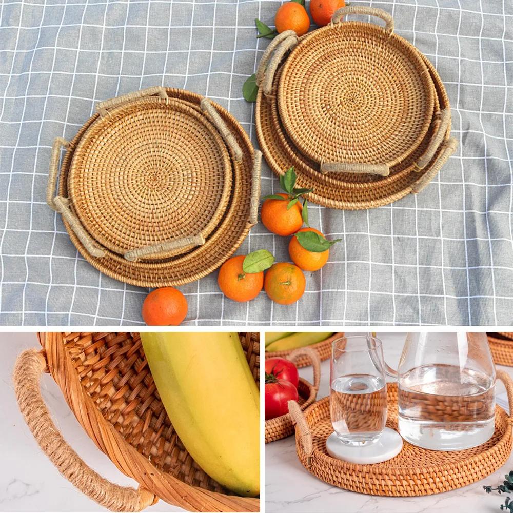 

Practical Rattan Handwoven Round High Wall Severing Tray Food Binaural Platters Plate Over Handles For Breakfast Drinks Snack