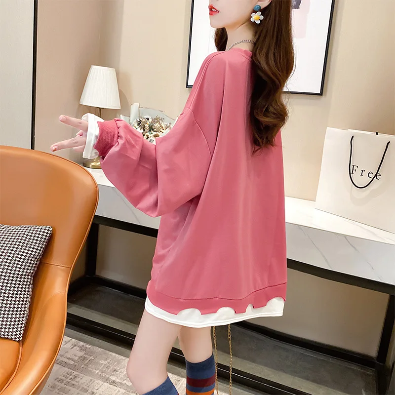 

2021 Spring Autumn New Sweatshirt Women Casual O Neck Hoodie Fashion Loose Fake Two Women's Hoodies Top Streetwear