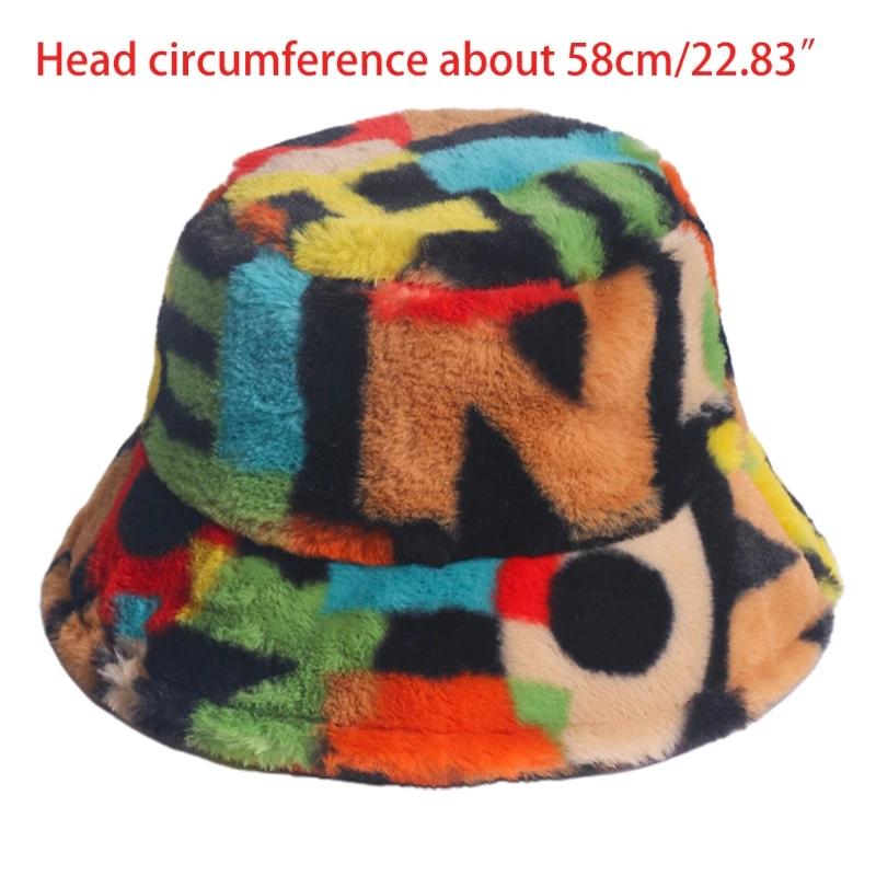 

Women Winter Thicken Fuzzy Plush Bucket Hat Colorful Letters Print Fisherman Cap