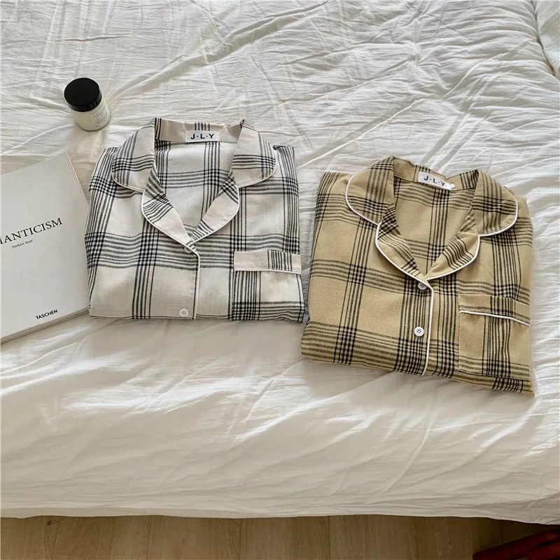

Couple Plaid Pajamas Korean Style Comfortable Home Wear Suit Men/Women Autumn Long Sleeve 2020 New