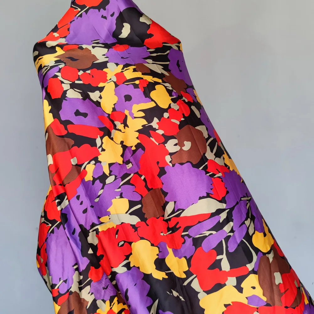 

19M Pure silk charmeuse silk satin silk mulberry robe colorful pattern bright colors multiple colour purple red yellow mix