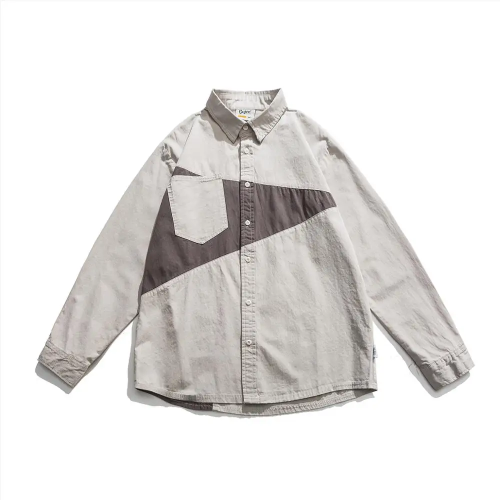 Мужская хлопковая рубашка с длинным рукавом и карманами в японском стиле весна