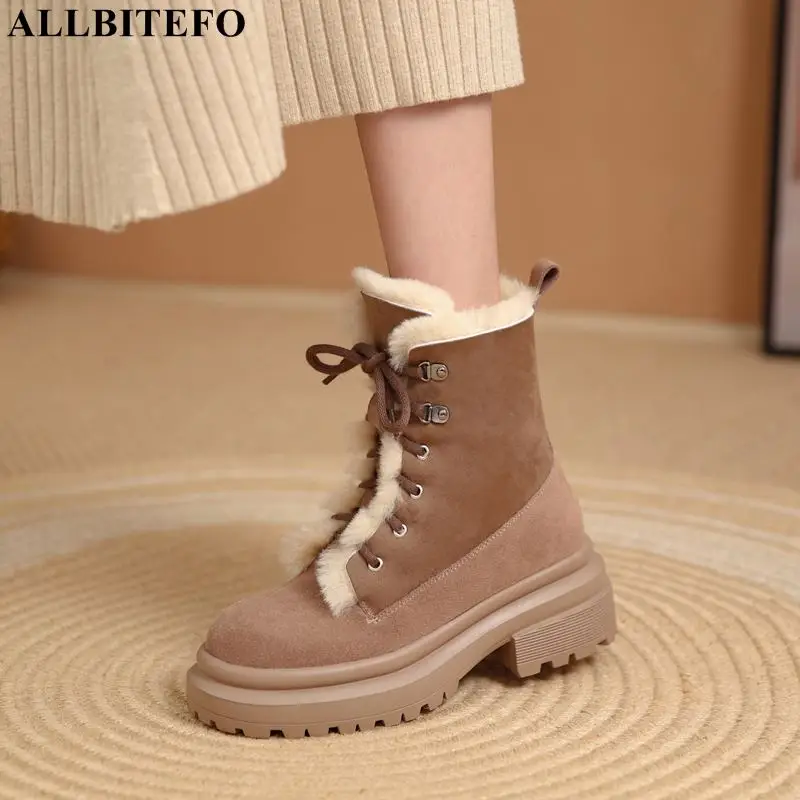 

ALLBITEFO Thick Bottom Fashion Suede Genuine Leather Women Boots Shoes Cold Winter Keep Warm Platform Snow Shoes Ankle Boots
