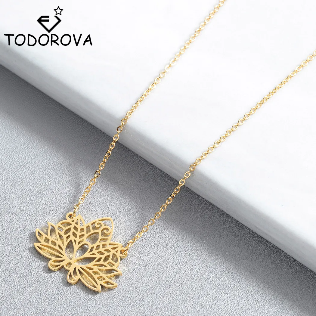 Todorova New Yoga Lotus Pendant Necklace Women Stainless Steel Jewelry Buddhism Water Lily Indian Vintage Boho Necklaces Female | Украшения