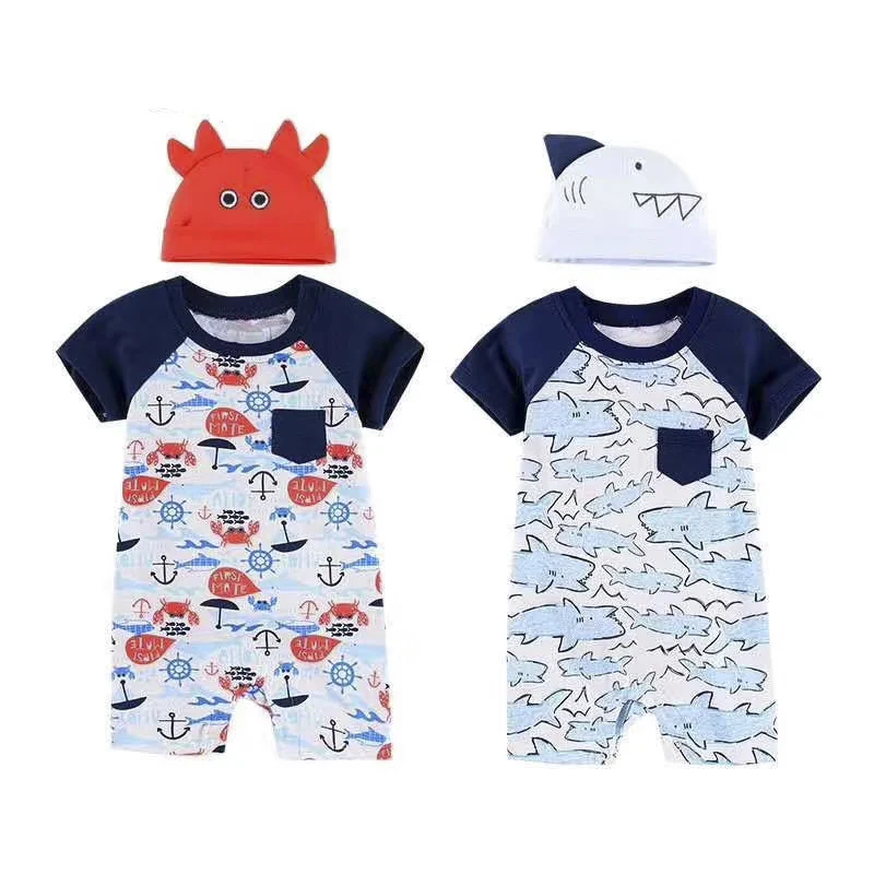 

Baby rompers + hat Baby boys Clothing Sets cotton Newborn clothes short Sleeve jumpsuit cute print 2020NEW