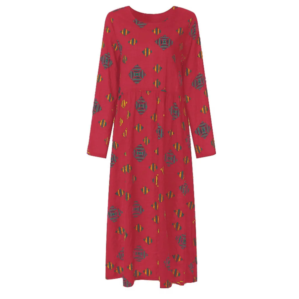 Женское свободное платье Gofuly хлопковое и льняное красное с принтом элегантное
