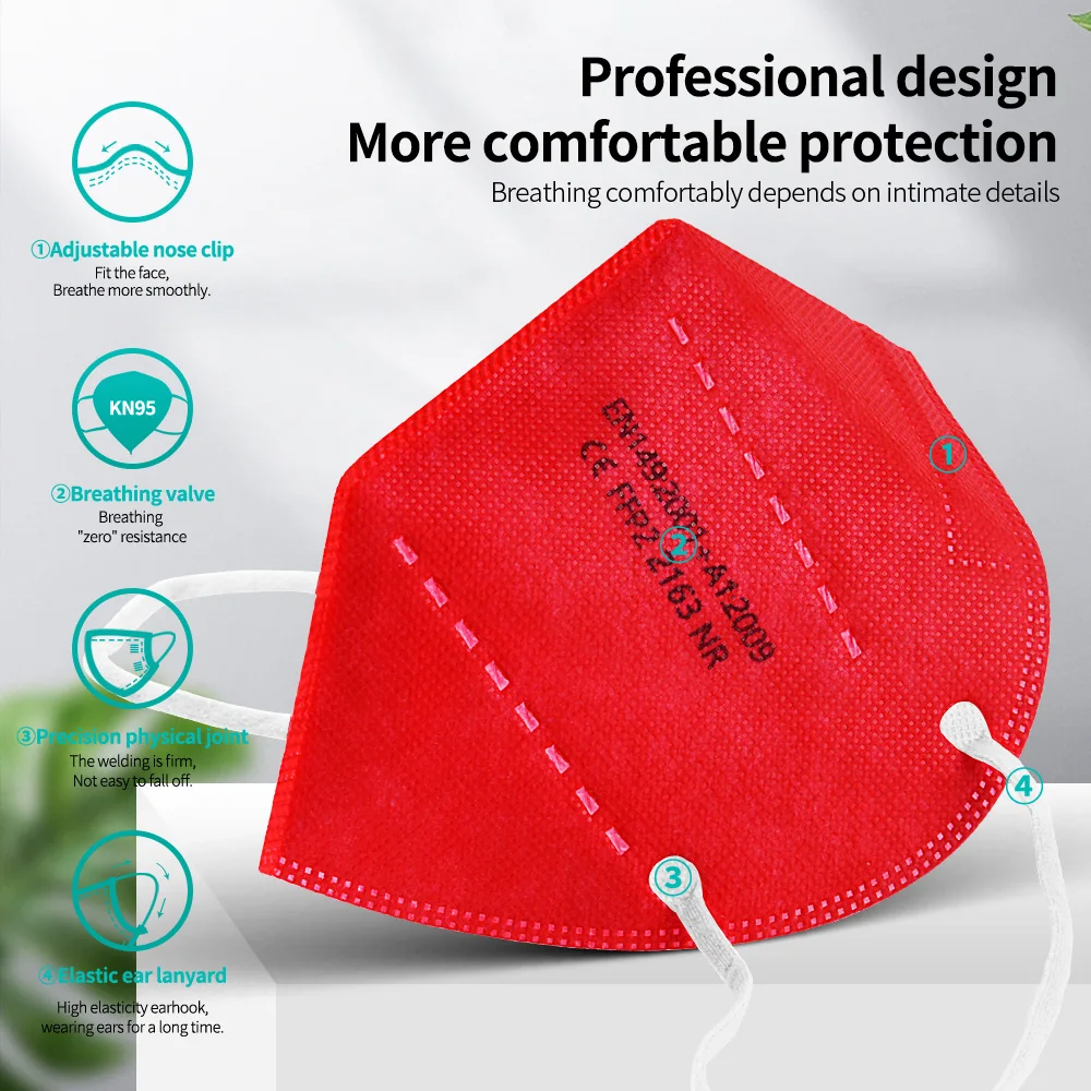 FFP2 red mask KN95 одноразовая дышащая маска для лица с фильтром Пылезащитная KN95mask mascarillas