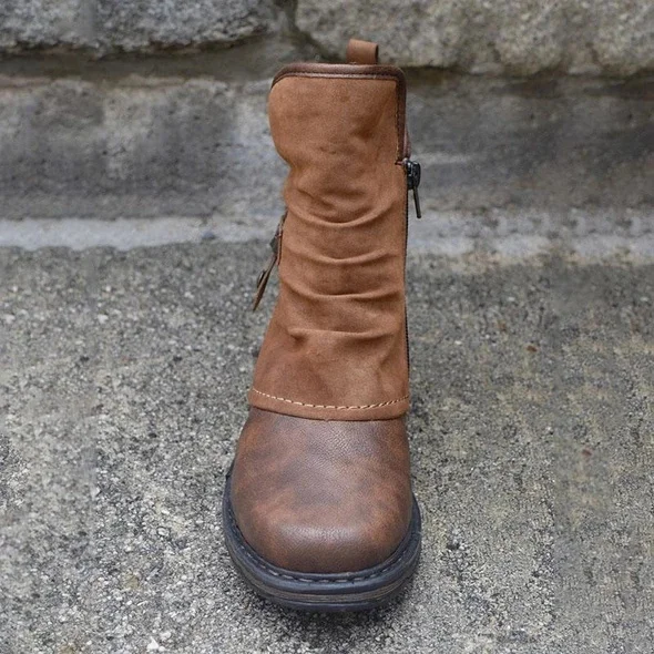 

Women Ankles Boots 2021 Fashion Winter Pu Leather Patchwork Plush Zipper Buckle Low Heel Female Plush Casual Short Boots