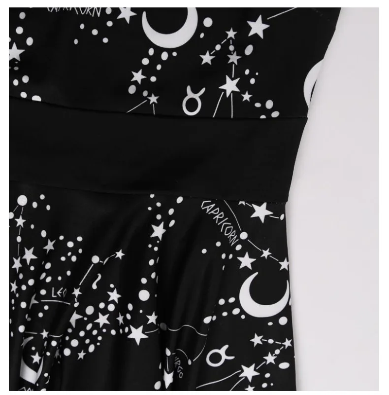 

Gothic Style Women Moon Print Chic Black High Waist Sleeveless Cocktail Dress Retro Summer Goth Mini A-line Sexy Party Dress